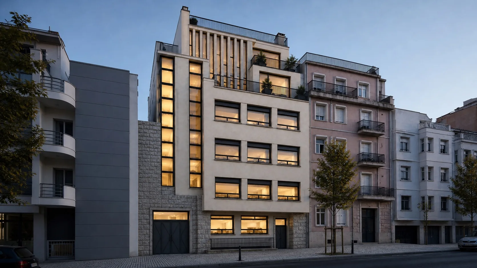 Damasceno Monteiro 144, rehabilitated façade at dusk, Arroios